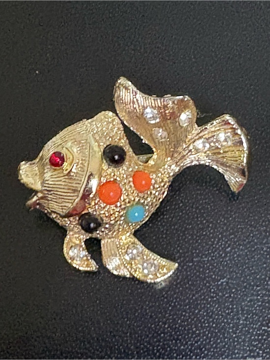 Source Unknown Jewelry - Vintage MCM Koi Gold Tone w/Colored Cabochons & Rhinestone Figural Fish Brooch